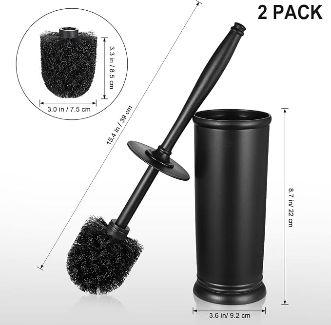 HAMITOR Toilet Bowl Brush Holder Set: Classic Round Bristle Head Deep Cleaning Cleaner Scrubber with Tall Caddy for Restroom - Home Bathroom Decor Accessories - Black 3 Pack
