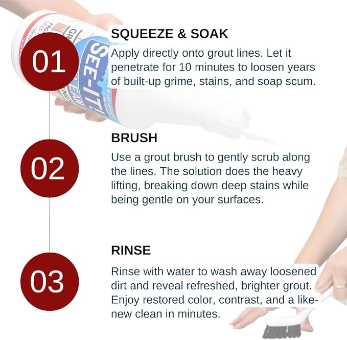 SEE-IT! Grout & Tile Deep Cleaner Brightener & Heavy-Duty Stain Remover Acid-Free Safe for Ceramic, Porcelain, Marble, Stone - Two 32 fl. oz. Bottles with Floor Cleaning Brush