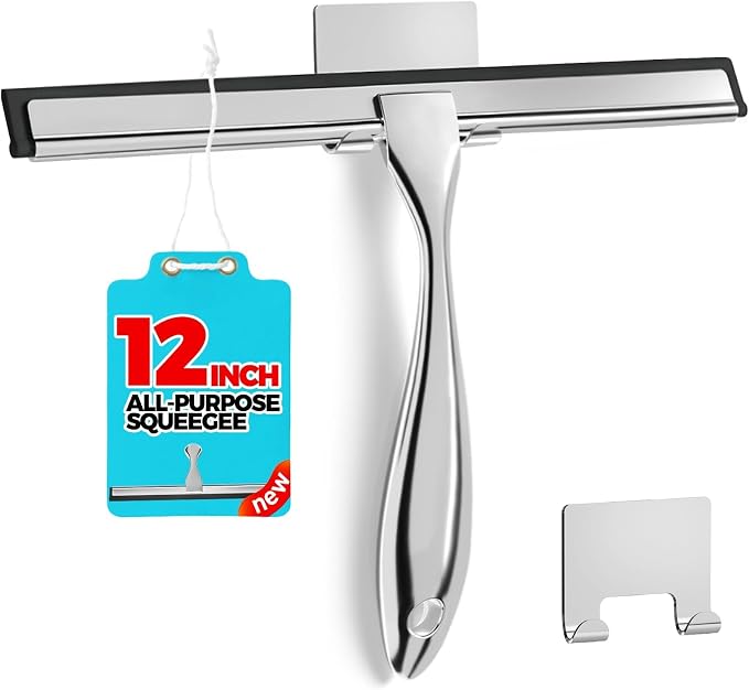 ALFLOD 12" Shower Squeegee for Glass Doors, Tile Walls, Car Windows, Silver | Bathroom accessories, new home essentials, silicone blade, metal handle, adhesive hook, household tool, multipurpose cleaner