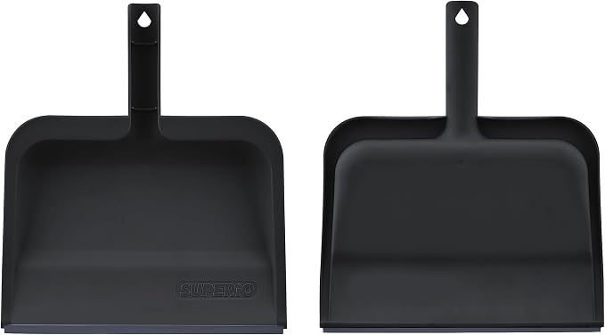 Superio Clip-On Dustpan with Rubber Lip - 10-inch Wide Durable Plastic Dust Pan with Comfort Grip Handle, 2-Pack (Black)