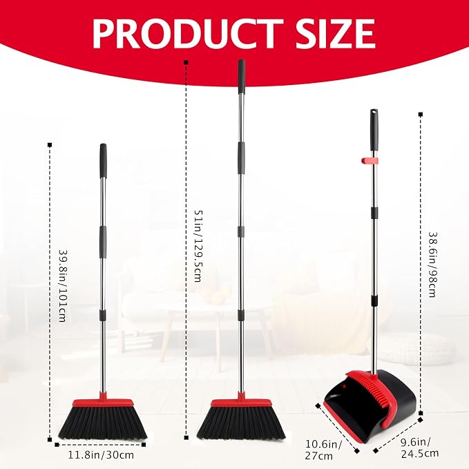2-Pack Broom and Dustpan Combo Set,51" Long Handle,Black Red | Standing Dustpan, Heavy Dust,House Accessories for Home, Kitchen, Office, Pet Hair