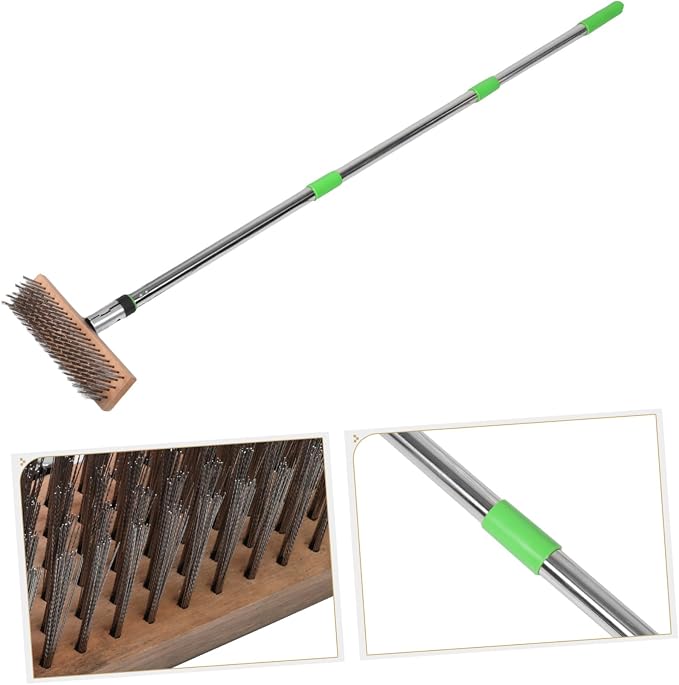 Kisangel Stainless Steel Moss Scrub Brush Heavy Duty Long Handle for Outdoor Cleaning of Patios Decks and Concrete Durable Hard Bristle Design for Tough Stains