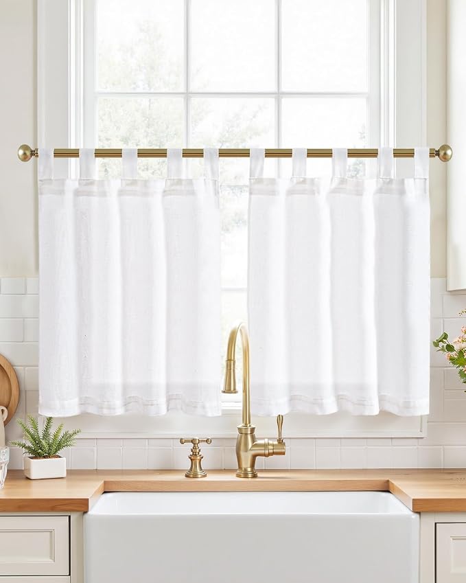 jinchan Linen Tier Curtains, Tab Top, 26x30, 2 Panels, Beige White | Light filtering, linen blend, farmhouse style, rustic decor, cafe curtain, kitchen, bathroom, laundry room, RV, small windows