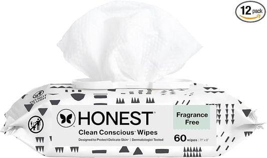 The Honest Company Hypoallergenic Multi-Use Baby Wipes for Sensitive Baby Skin, Pattern Play, 60 Count (Pack of 12)