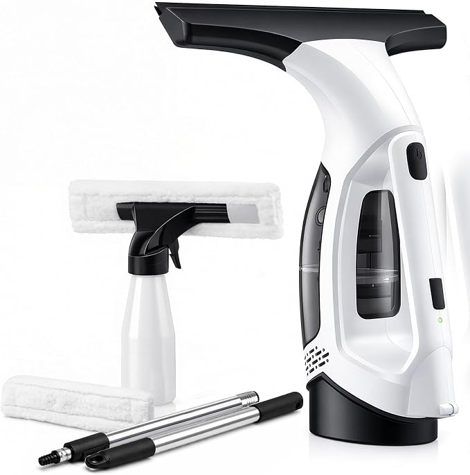 Window Vacuum Squeegee Cordless Electric 2000Pa(White) | Electric squeegee 11-inch blade and 150mL tank for windows, shower doors, mirrors and smooth glass