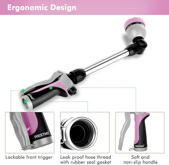 RESTMO Heavy Duty Metal Hose Wand, Watering Wand for Garden Hose | 180° Swivel Ratcheting Head, 16'' Hose Sprayer, 7 Spray Patterns, Flow Control, Ideal for Hanging Baskets & Shrubs, Pink