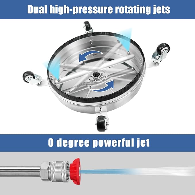 JANZ 16'' Pressure Washer Surface Cleaner | 4 Wheels, Stainless Steel Housing, 1/4''Quick Plug, 2 Extension Wands, 2 Replacement Nozzles and 3 Spray Nozzles,4000 PSI