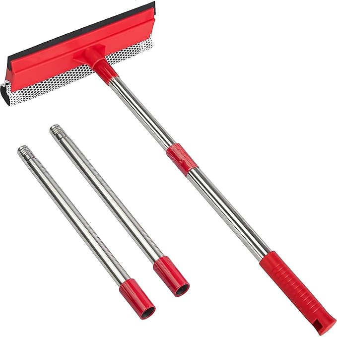2-in-1 Window Squeegee with 30"-59" Stainless Steel Adjustable Handle - Glass Cleaner for Shower Doors, Car Windshield & High Outdoor Windows (Red)