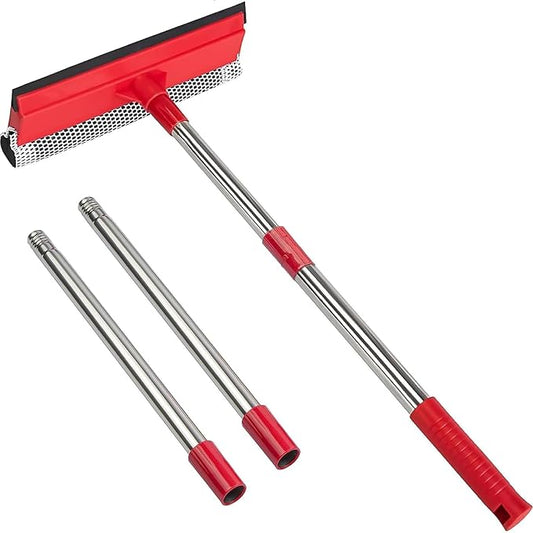 2-in-1 Window Squeegee with 30"-59" Stainless Steel Adjustable Handle - Glass Cleaner for Shower Doors, Car Windshield & High Outdoor Windows (Red)