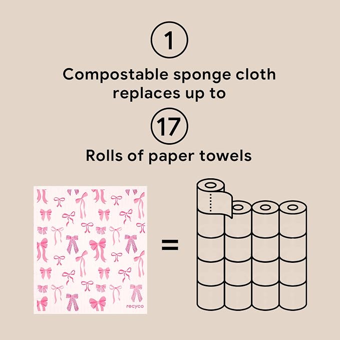 RECYCO Swedish Dishcloths for Kitchen | 6 Packs Lovely Bows Washable Dish Rags | Cellulose Reusable Cleaning Paper Towels | Absorbent Counter Dish Cloth Sponge Kitchen Wipes, 8" L x 7" W