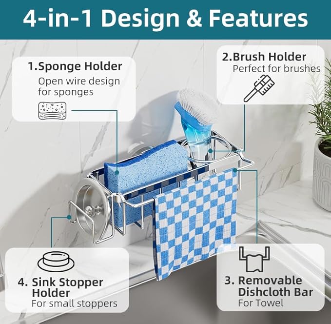 TAILI 4-in-1 Sink Caddy with Strong Suction Cup, Sponge Holder for Kitchen Sink Organizer, Removable, Rustproof, Stainless Steel Holder for Sponge, Brush, Scrubber, Scraper - Silver