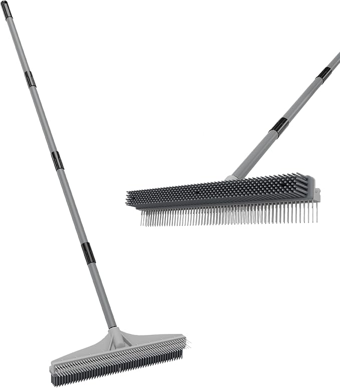 Walensee Carpet Brush for Pet Hair Removal, 2 in 1 Carpet Rake & Rubber Broom with Nylon Cleaning Brush, Adjustable Long Handle Rug Rake for Shag Carpet, Rugs, Stairs, Mats and Floors