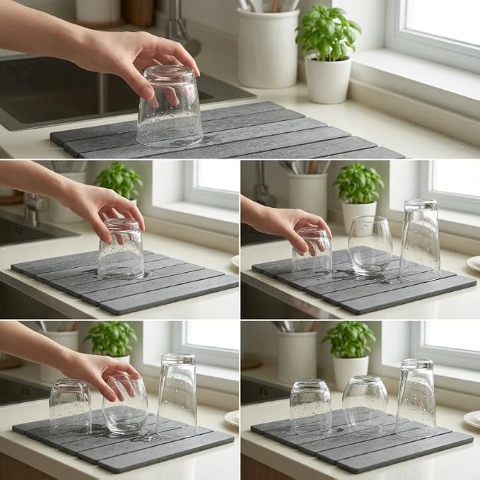 Super Absorbent Stone Dish Drying Mat – 16" x 12" Compact Fast-Drying Diatomite Mat for Countertops, Cups & Small Dish Loads
