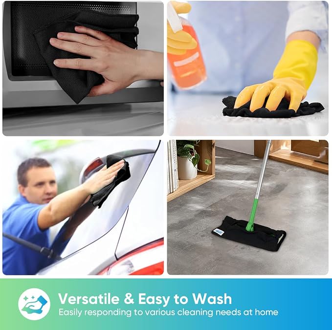 HOMEXCEL 24PK Microfiber Cleaning Cloth, Cleaning Rag for Home, 11.5x11.5in | Reusable, Lint Free, Scratch-Free and Highly Absorbent Towels for Kitchen, Window and Glass, Cars, Black