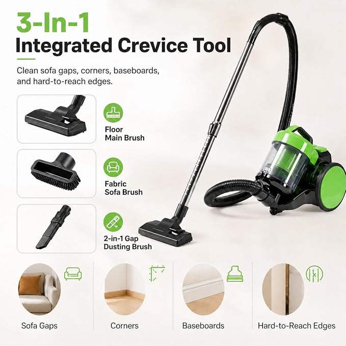 Simple Deluxe Household Portable 16.4Ft Vacuum Cleaner, 16Kpa Bagless Canister Cleaner, Lightweight Powerful Vacuum for Carpets and Hard Floors, with Washable HEPA Filter, Green
