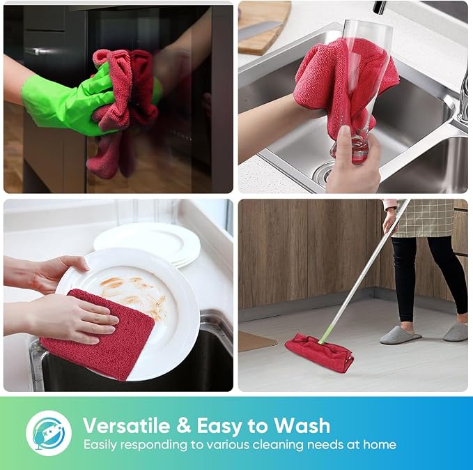 HOMEXCEL Red Microfiber Cleaning Cloth, 12 Pack Premium Microfiber Towels for Cars, Lint Free, Scratch-Free, Highly Absorbent, Reusable Cleaning Rags for Car, Household, Kitchen, Window, 11.5"X11.5"