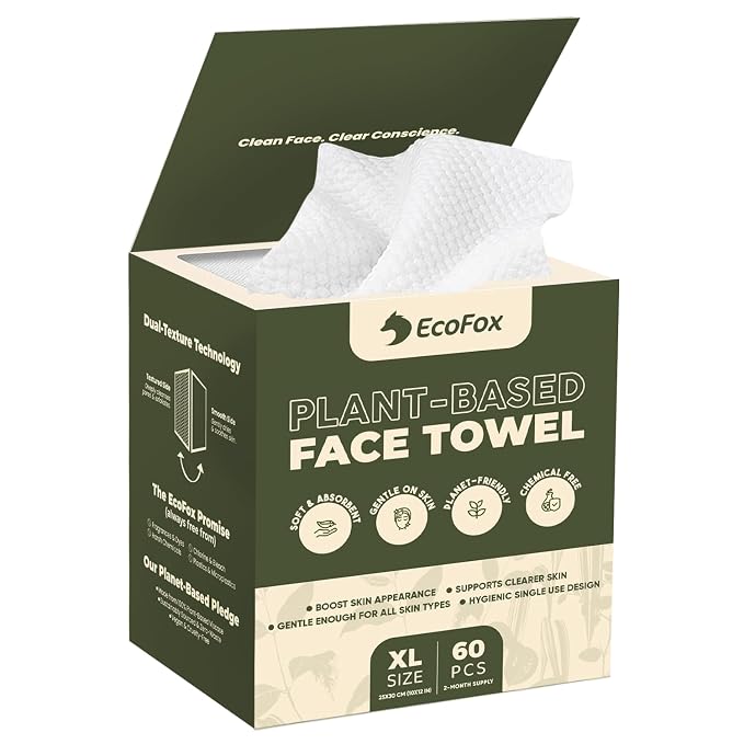 EcoFox Clean Face Towels XL | Disposable Facial Washcloths, Ultra-Absorbent, Hypoallergenic & Soft Towelettes | Dual-Textured, Lint-Free Makeup Remover Dry Wipes, 10x12 Inch | PETA-Approved (60 Pack)