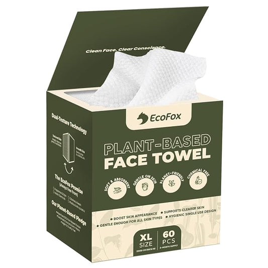 EcoFox Clean Face Towels XL | Disposable Facial Washcloths, Ultra-Absorbent, Hypoallergenic & Soft Towelettes | Dual-Textured, Lint-Free Makeup Remover Dry Wipes, 10x12 Inch | PETA-Approved (60 Pack)
