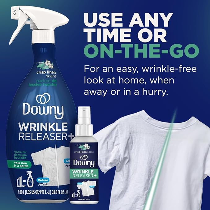 Downy Wrinkle Releaser Spray, All In One Formula, Removes Wrinkles, Static and Odor Eliminator, Crisp Linen Scent, 33.8 Fl Oz (Packaging May Vary),(Pack of 4)