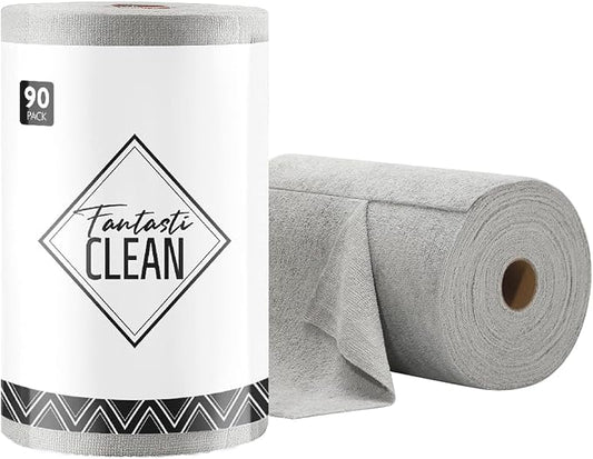 Fantasticlean Microfiber Cleaning Cloth Roll- 90 Sheets, 12" x 12" (Grey) | Super Absorbent, Lint-free, Tear-away Microfiber Towel Roll, for All-Purpose Cleaning, Reusable Alternative to Paper Towels