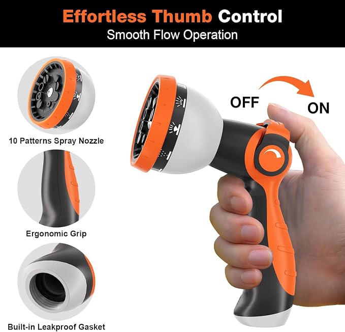 Besiter Garden Hose Nozzle, Hose Sprayer Nozzle with 10 Spray Patterns, Thumb Control On Off Valve,2 Pack Heavy Duty Metal Water Hose Nozzle for Car Wash, Plants, Pets & Outdoor Cleaning Green Orange