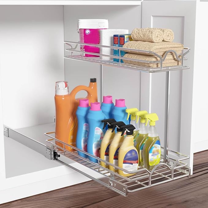 OCG Under Sink Cabinet Organizer Two Tier Pull Out Shelf (11.75W x21D), Under Sink Sliding Shelf for Kitchen Bathroom Cabinet 2 Tier Chrome