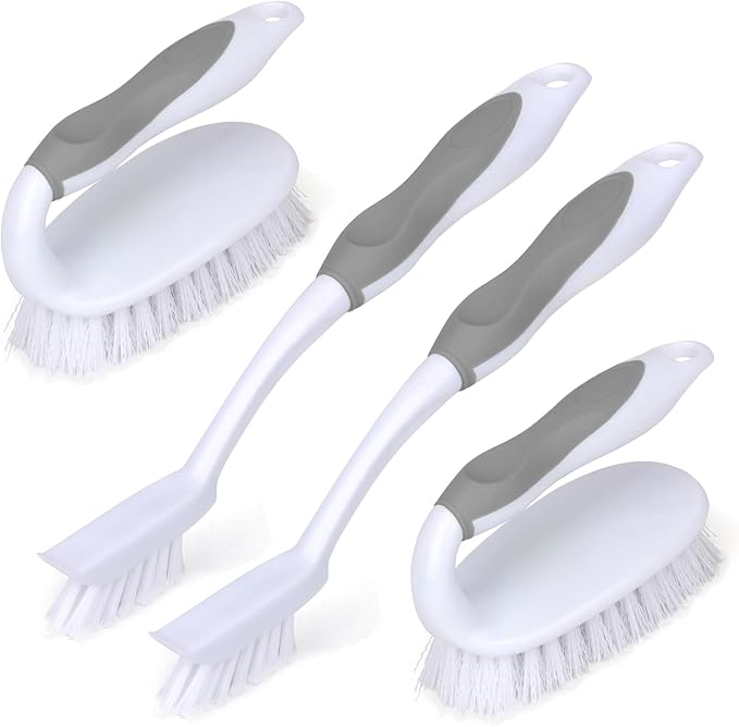 Scrub Brush Set, 4 Pack Deep Cleaning Brush Kit, Gray | 2 Scrub Brush, 2 Tile & Grout Brush with Built-in Scraper, Household Commercial Scrubber for Floor, Shower, Pool Wall, Tub