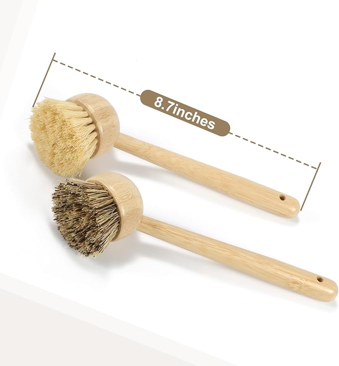 2 Pack Natural Kitchen Dish Brushes with Sisal & Palm Bristles, Long Bamboo Handle Scrubber for Dishes, Cast Iron Pans Pots and Vegetable Cleaning
