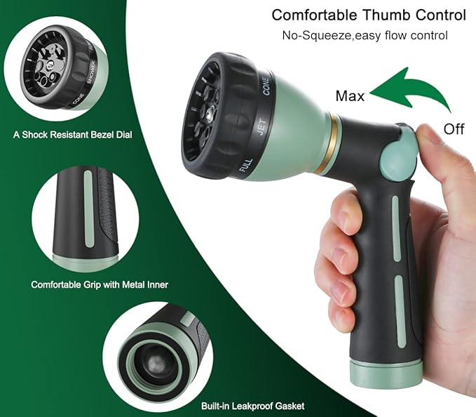 FANHAO Heavy Duty Garden Hose Nozzle, Metal Hose Sprayer Easy Thumb Control | 8 Spray Patterns, Rustproof Water Nozzle, Non-Slip Ergonomic Grip, Elder & Child Friendly for Garden, Car & Pet, Light Green
