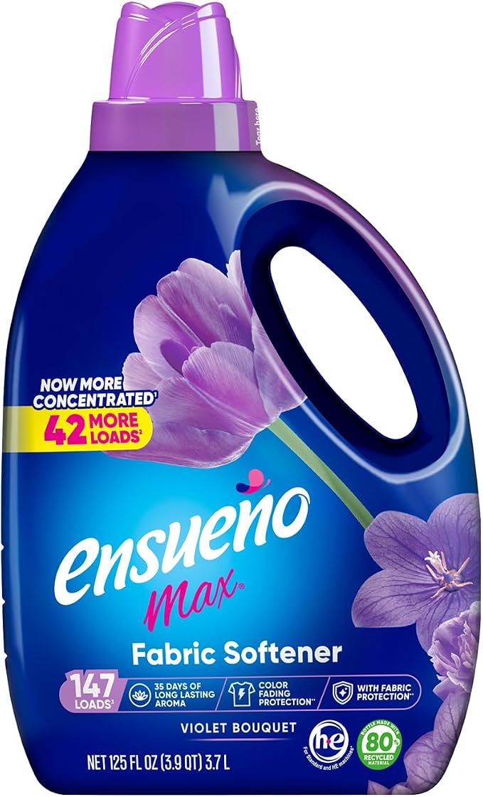 Ensueño Max Liquid Fabric Softener - Violet Bouquet Scent - 125 fl oz - Color-Safe Fabric Softener Liquid - Softens 123 Loads - Reduces Wrinkles & Static