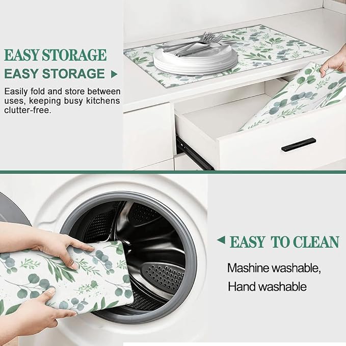 Sage Green Dish Drying Mat for Kitchen Counter Microfiber Absorbent, Spring Dish Draining Mat Aesthetics Kitchen Decor Extra Large 18"x24" (Green, 18x24in)