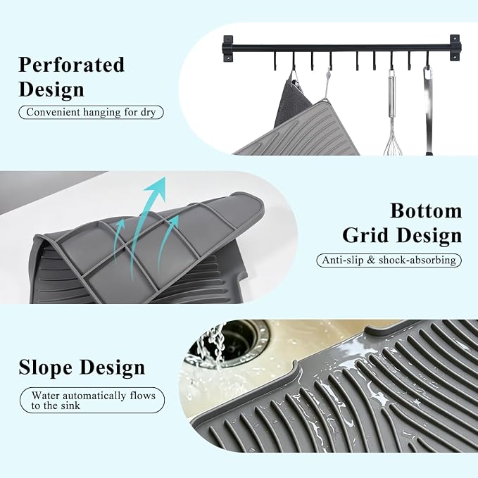 Silicone Dish Drying Mat for Kitchen Counter,16"X13" With Built-in Drain Lip,Food-Grade Silicone, Heat-Resistant Eco-friendly Hygienic Drying Mat Leak-Proof and Non-Slip, Multi-Functional Use（Gray）