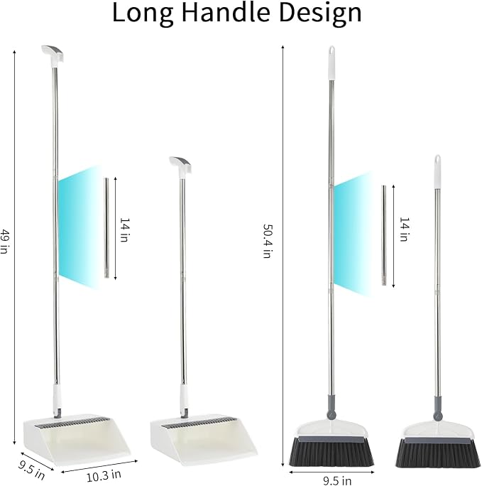 Broom with Dustpan Combo Set, 2 in 1 Broom and Dustpan Set with Long Handle, Upright 180° Rotating Broom with Brush and Lightwight Dust Pans for Home Kitchen Room Office Lobby Floor Cleaning，White