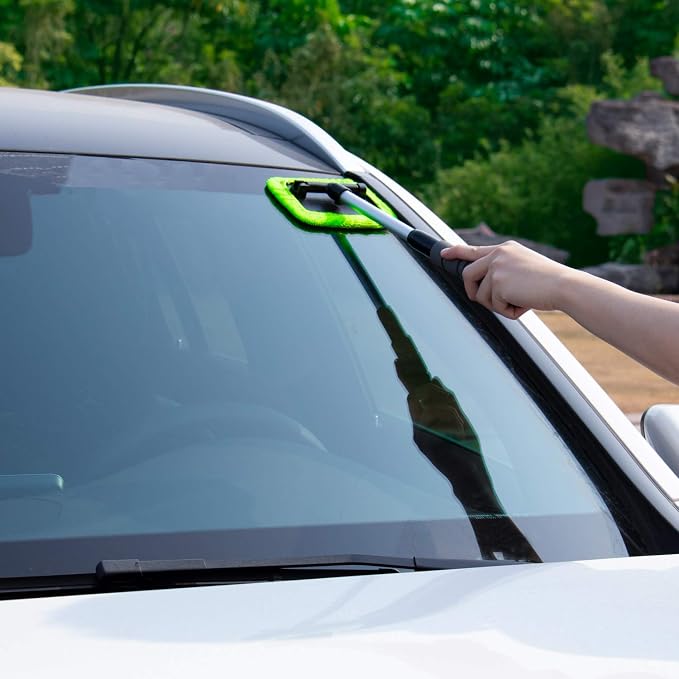 XINDELL Interior Windshield Cleaner Tool – Car Window Cleaning Tool Extendable Handle for Easy Cleaning, 9pcs Reusable Microfiber Pads, Streak-Free Interior & Exterior Auto Glass Cleaner