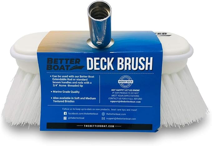 Stiff Boat Deck Brush, Heavy-Duty Marine Brush Head, 8" Firm Bristle with Bumper, 3/4" Thread Handle, for RV, Truck, and Auto Cleaning
