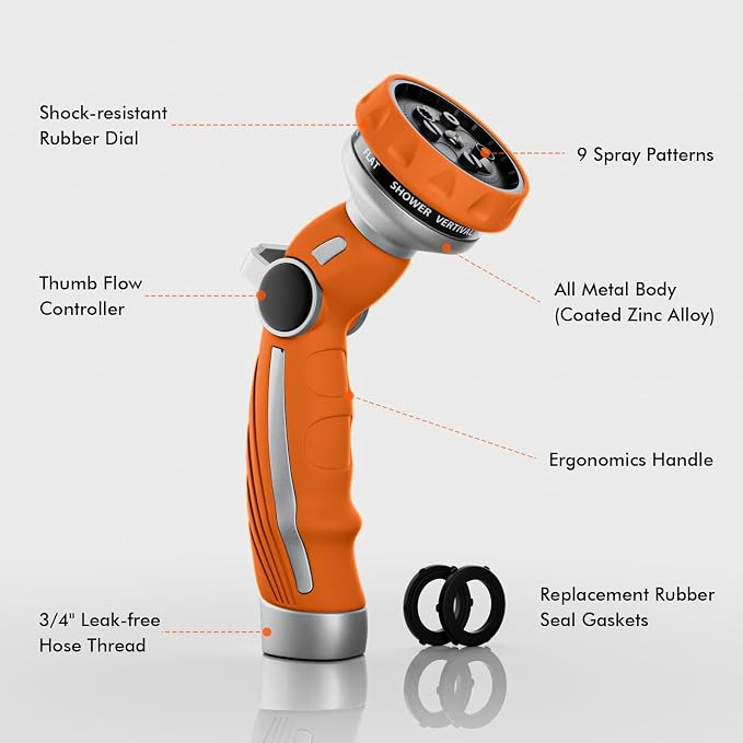 RESTMO Hose Nozzle Heavy Duty, Metal Water Hose Sprayer for Garden | 9 Spray Patterns, Leak Proof, Thumb Flow Control, On/Off Valve, Ideal for Outdoor Lawn & Plant, Car & Pet, Orange