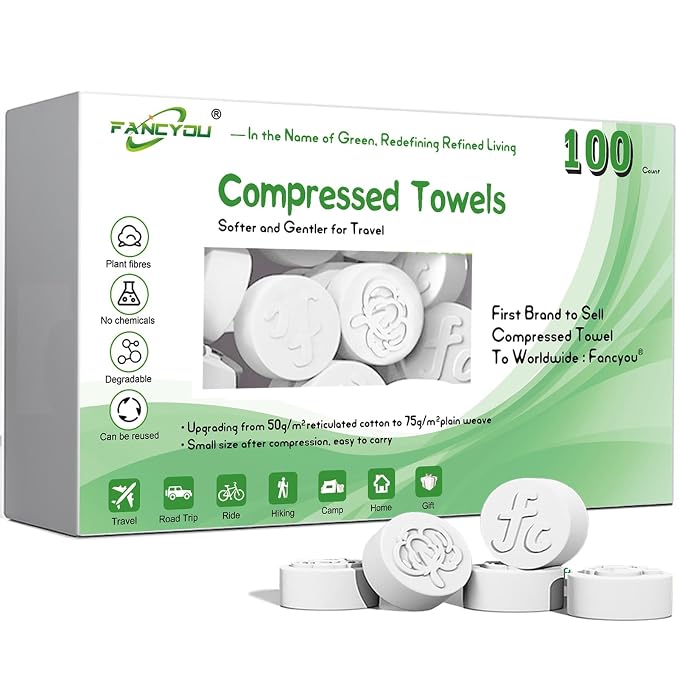 Compressed Towel Tablets 100 Count, Disposable Face Towels for Travel, Thick Soft Washcloths, Compact Coin Tissues for Skin Care, Gym, Camping, Home, 9 x 7.8 in