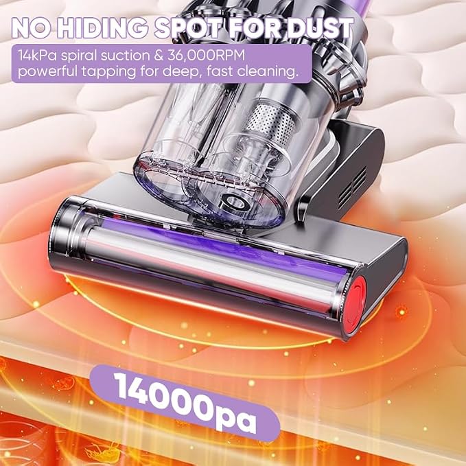 RAINPOT Saker Powerful UV Bed Vacuum Cleaner| Mattress Vacuum Cleaner with Hot Air| 14kPa Suction Power with HEPA Filtration| High-Frequency Tapping & Smart Dust Sensor for Bed,Couch,Fabric Cleaning