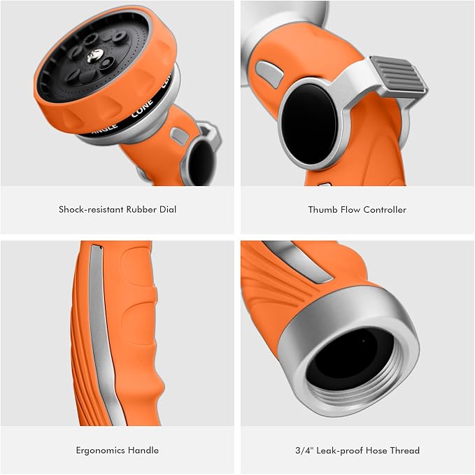 RESTMO Hose Nozzle Heavy Duty, Metal Water Hose Sprayer for Garden | 9 Spray Patterns, Leak Proof, Thumb Flow Control, On/Off Valve, Ideal for Outdoor Lawn & Plant, Car & Pet, Orange