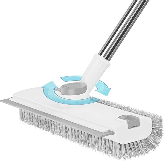 3 in 1 Floor Scrub Brush with Long Handle & Squeegee | Heavy-Duty, Adjustable, 360° Rotating Head for Cleaning Tile Bathroom Deck Kitchen Patio, White