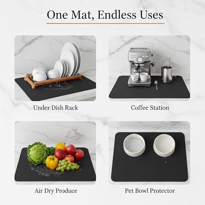 Dish Drying Mat Super Absorbent – 17" x 31" Coffee Mat for Countertops – Non-Slip Drying Mat for Kitchen Counter – Easy to Clean Water Absorbent Mat – XLarge Dish Drying Mats (Black)