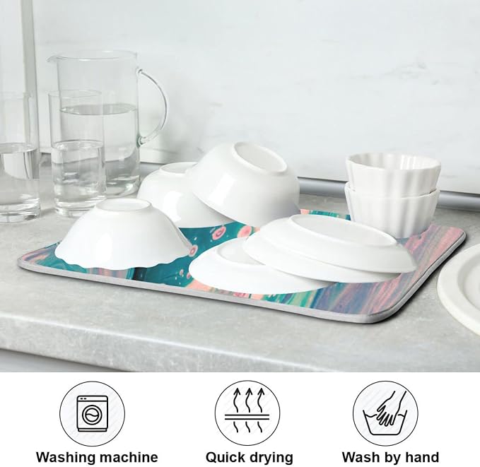 Super Absorbent Dish Drying Mat, Microfiber Fast-Drying Dish Mat, 16" x 18", Kitchen Dish Drying Pad, Marble Pink Green