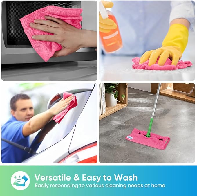 HOMEXCEL 24PK Microfiber Cleaning Cloth, Cleaning Rag for Home, 11.5x11.5in | Reusable, Lint Free, Scratch-Free and Highly Absorbent Towels for Kitchen, Window and Glass, Cars, Pink