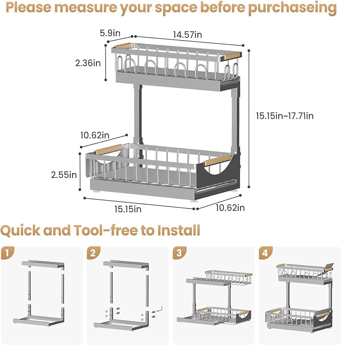 2 Pack 2 Tier Under Sink Organizer and Storage for Bathroom and Kitchen - Under Cabinet Pull Out Shelf Organizers - Sliding Out Drawer Organization for Home Cabinets Shelves and Drawers