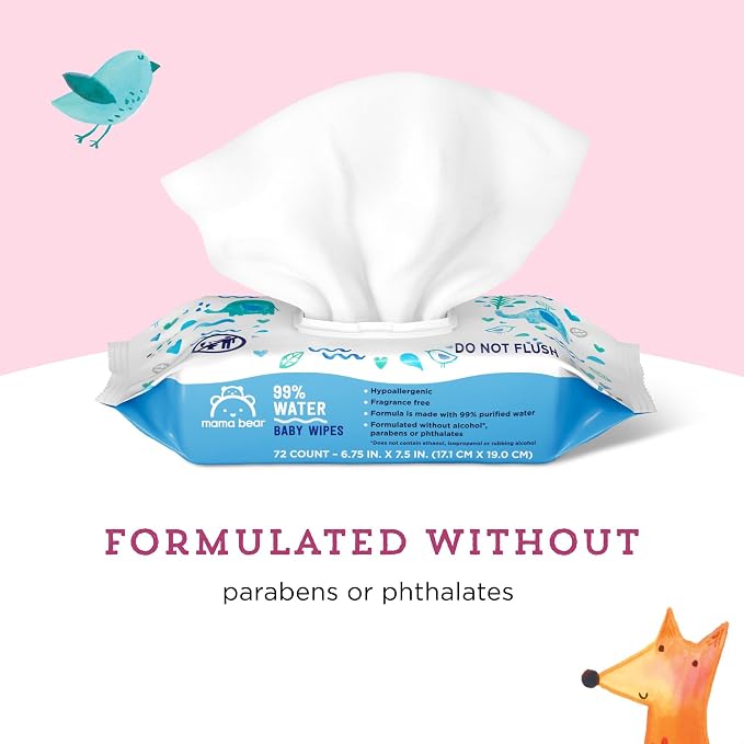 Amazon Brand - Mama Bear 99% Water Baby Wipes, Hypoallergenic, Fragrance Free,720 Count Total (10 Packs of 72 Wipes Each)