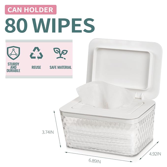 Wipes Dispenser, One-Handed Operation Wipe Holder for Baby & Adult, Seal-Designed Wipes Container for Bathroom Keep Diaper Wipes Fresh (2 Pack White)