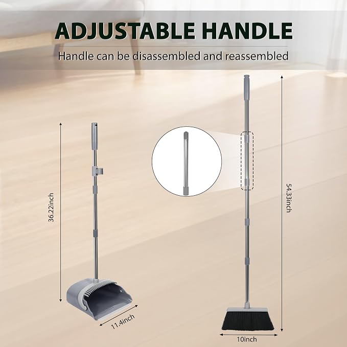 YZO Broom and Dustpan Set, 54.33 Inch Long Handle Standing Design, Dustpan Front Rubber Tight Seal, Broom with 5 Layer Bristles, Suitable for Bedroom, Yard, Office and Apartment(Gray&Black)
