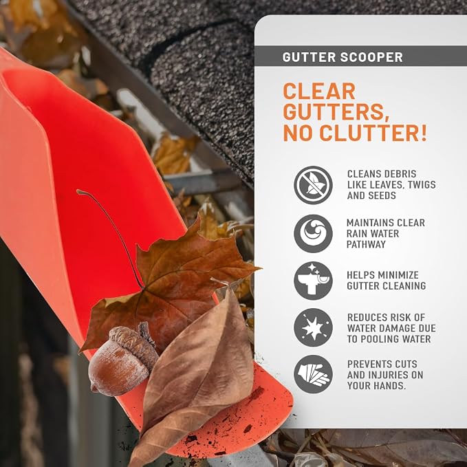 Gutter Scoop Cleaning Tools - Easy Removal of Leaves and Dirt - Deep Curved Gutter Scooper Shovel for Leaves & Debris, High-Impact Polypropylene, Ergonomic Handle, Fits Most Rain Gutters