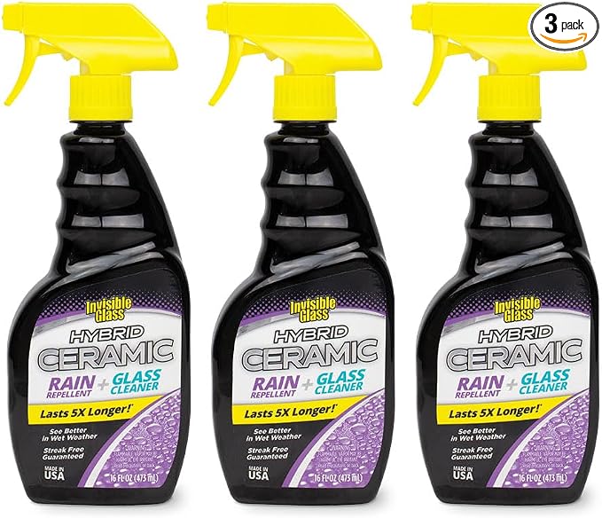 Invisible Glass 92183-3PK Hybrid Ceramic Rain Repellent and Glass Cleaner – Cleans & Protects Car Windows and Windshields with Long-Lasting Water-Repellent Si02 Technology – 16 fl oz (Pack of 3)