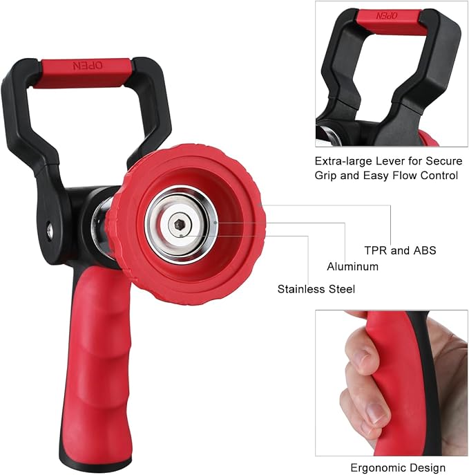 FANHAO High Pressure Fireman's Spray Nozzle, Heavy Duty Metal Hose Nozzle | Large Lever Control, Non-Slip Ergonomic Grip, Adjustable Spray Patterns, Rustproof Leakproof Nozzle for Garden, Car & Pet